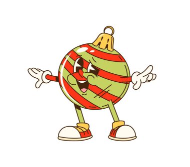 Canlı çizgili ve spor ayakkabılı çizgi film süper Noel balosu karakteri, retro partisini kutluyor. İzole edilmiş vektör takısı, tatil dekorasyonları kişiliği Noel eğlencesi, neşe ve şenlik ruhu yayıyor.