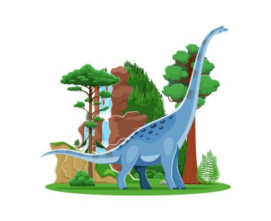Dinozor, karikatür tarih öncesi dinozor Titanosauria veya Jurasik hayvan, vektör karakter. Çocuklar nesli tükenmiş komik kertenkele ya da tarih öncesi dinozor ve ejderha sürüngeni Jurasik çağının doğal ormanlarında.