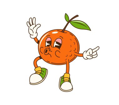 Çizgi film, turuncu meyveli Noel karakteri mutlu bir ifadeyle dans ediyor. İzole vektör komik, tropikal meyve kişiliği yılbaşı kutlamaları için klasik, eğlenceli ve hippi titreşimleri yayıyor.