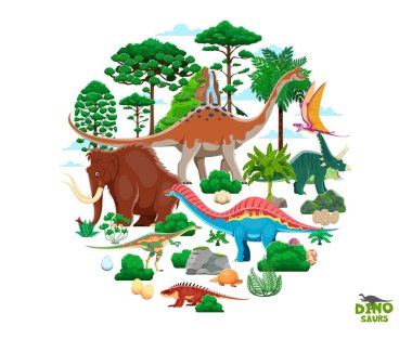 Prehistoric dinosaur characters of Jurassic era park, vector funny cartoon lizards banner for kids. Funny dinosaurs and ice age mammoth with amargasaurus, pelorosaurus and chasmosaurus or dimorphodon clipart