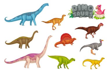 Tarih öncesi dinozor hayvanlarının çizgi film karakterleri. Jurasik sürüngenler, kuşlar ve yumurta kabuğu içinde yavru dinolar. Vektör komik edaphosaurus, pelecanimimus ve kileskus, dev paralititan ve cetiosaurus