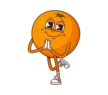 Çizgi film modası geçmiş turuncu meyve karakteri sakinlik ve eğlence hissi yayıyor. İzole vektör olgun ve neşeli tropikal mandalina ya da mandarin narenciye meyve retro kişi spor ayakkabı, el çırpma