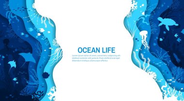 Kağıt kesiği sualtı manzarası, okyanus yaşamı afişi balıklar ve deniz hayvanları, vektör arka plan. Deniz altı ya da su altı kağıtları mercan resifi denizanaları, vatoz ve mürekkep balığı ile karasurat kesiyor.