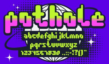 Neo type, geometric y2k font, brutal typeface, inflated alphabet. Abstract pixel art letters and numbers font vector typography set on halftone background with y2k globe. Abc characters geometric type clipart