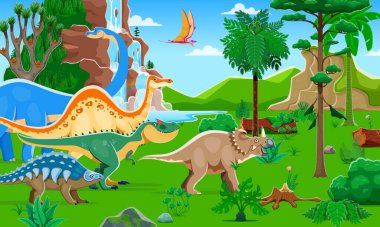 Prehistoric dinosaurs of Jurassic era on dino park landscape, vector background. Funny cartoon dinosaurs and prehistoric lizard characters in Jurassic jungle or forest for kids paleontology park clipart