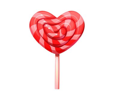 Valentine Heart Pembe Şeker Lolipopu, Şekerler ve Şekerlemeler. İzole edilmiş çizgi film vektörü romantik tatlı ikramı, sevgililer günü şekerli yiyecekler, parlak yüzeyi ve kıvrımlı çizgileri olan parlak lolipop.