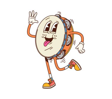 Çizgi film tef muhteşem müzik enstrümanı karakteri mutlu yüzle el sallıyor ve enerjik bir ifade sergiliyor. İzole edilmiş vektör komik retro kişilik moda hippi ayakkabıları ve eldivenler giyer.