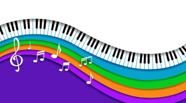 Paper cut music piano. Vector background for concert invitation or classic musical festival performance promo, featuring vibrant 3d papercut layered waves, musical notes, treble clef and piano keys clipart