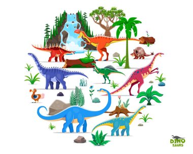 Prehistoric dinosaurs round shape with cartoon vector dino characters arranged in round isolated figure amidst lush Jurassic era landscape with waterfall, palm trees, ferns, plants and volcanic rocks clipart