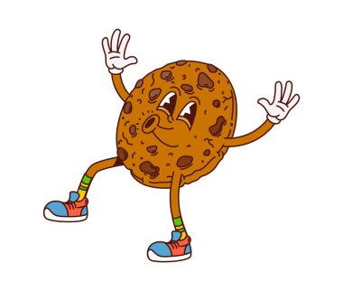 Canlı ifadesi ve parlak geçmişe dönük spor ayakkabıları olan harika çikolatalı kurabiye karakteri. İzole vektör komik hippi tatlı, tatlı yuvarlak şeker ya da çikolata parçacıklı pasta neşeyle dans