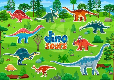 Prehistoric dinosaurs stickers pack feature colorful dino species at lush, green jungle forest landscape. Cartoon vector patches for educational or creative kids hobbies, fun children activities clipart