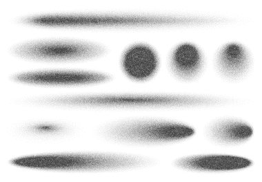 Sprey gürültü tanecikleri ve oval şekiller, sprey efektli yarım ton şekilleri yoğunluktan seyrekliğe geçiş yapan pürüzsüz bir eğimli çalı oluşturur. Noktalama kum efektli 3d vektör soyut nokta çalışması