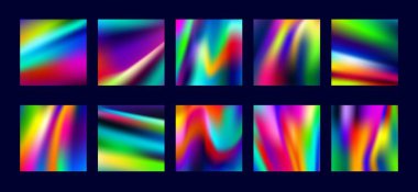 Yapışkan holografik folyo arka planda soyut renkli etiketler parlak ve gökkuşağı renklerinde. Parlak kare arkaplan vektör seti veya hologram süsü ve desenli çıkartmalar