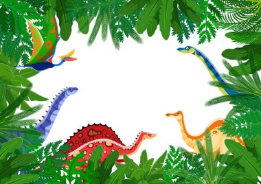 Tarih öncesi dinozorlar ve dinozor kertenkeleleri olan orman iskeleti, vektör karikatür arka planı. Jurassic Park Palmiyesi çocuklar için komik dinozorlar, dev sürüngenler ve pterodactyler içeren çerçeve