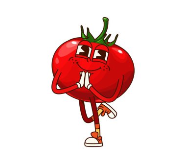 Harika bir domates sebzesi karakteri. İzole edilmiş çizgi film vektörü olgun sağlıklı domates sebzesi retro yemek kişiliği olgun kırmızı renk ve gevşek yoga asana pozunda alkışlanmış elleriyle duran gülen yüz.