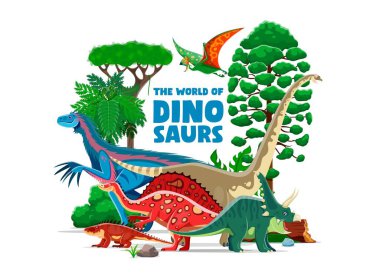Tarih öncesi dinozorlar park afişi. Vector dino dünya hikaye kitabı veya atlas canlı ve eğlenceli çizgi film sürüngenleri ile kaplıdır yemyeşil manzara eğlenceli tipografi, taşlar, eğrelti otları, kütükler ve ağaçlar ile