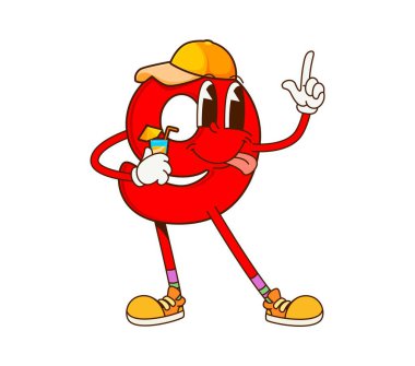 Fitness sporunda 9 numaralı çizgi film karakteri. Spor şapkalı kırmızı basamaklı 9 kişi, bir içki yudumluyor ve eğlenceli bir poz veriyor, çocuklar için sağlık, eğitim ve kapris temaları sunuyor