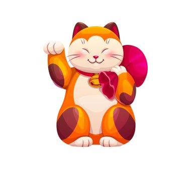 Japon çizgi filmi Maneki Neko kedisi, şans ve refahı simgeliyor. İzole vektör çekici heykel kedisi kırmızı para çantalı Asya kültürünün, zenginliğin, iyi talihin ve pozitifliğin sembolü.