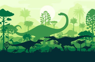 Tropikal yağmur ormanlarında tarih öncesi dinozorlar siluetleri. Dinozor sürüngen türlerinin günbatımının muhteşem görüntüsü. Ormanın arka planında geziniyorlar ve birbirleriyle çarpışıyorlar. Solan gökyüzü, güneş ve uzun ağaçlarla.