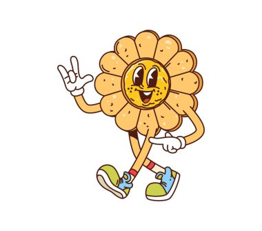 Çizgi film kurabiyesi, pasta ve fırın karakteri. İzole edilmiş vektör mutlu tatlı kişiliği. Spor ayakkabı giyen çiçek şeklinde. Neşeli ifadeli parlayan kaya işareti, tuhaf titreşimler yayıyor.