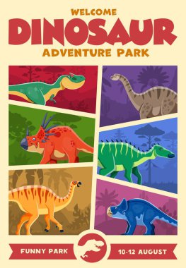 Tarih öncesi dinozorların sergi ya da macera dolu etkinlikleri tanıttığı Dino Park 'ın eski poster ilanı. Renkli habitatlarda yaşayan dino türlerini eğlence deneyimi için davet eden vektör daveti