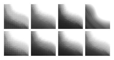 Yarım ton eğimli arkaplan, yarım ton noktalı, soyut vektör. Çapraz dalgalı arkaplanlı yarı ton desenleri ya da kumlu tek renkli köşelerden gelen dalgalı noktalar