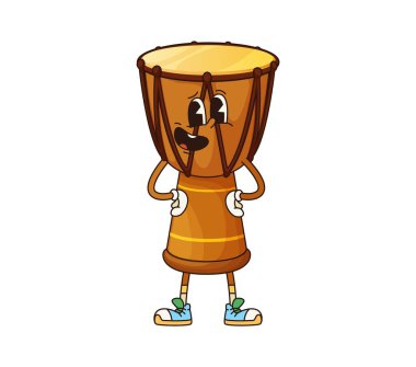 Cartoon African drum groovy musical instrument character. Isolated vector funny djembe personage playing tribal music, ready for kids school educational classes, folk performance or reggae concert clipart