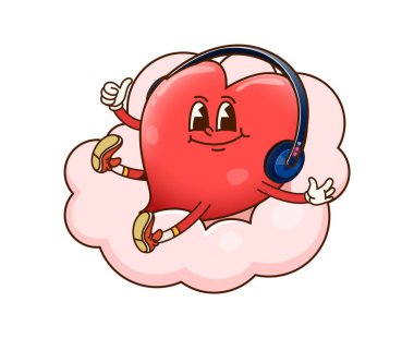 Gökyüzü bulutu üzerinde kulaklık takan hoş bir kalp karakteri. Münferit çizgi film vektörü kaprisli kişilik, mutluluk yayar, saf neşe, rahatlama, aşk ve müziği uyumlu hale getirir.