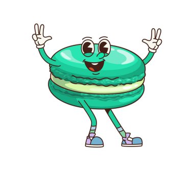 Muhteşem yeşil badem kurabiyesi karakteri. Çizgi film makaronu sevinç ve heyecan ifade ediyor. Kolları havada, neşeli bakışları olan, eğlence ve tatlı teması için gülümseyen tatlı bir kişilik.