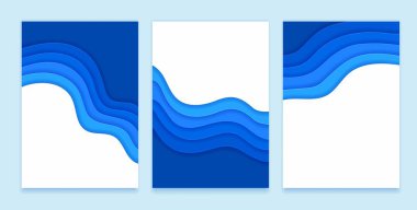 Mavi kağıt, deniz ve okyanus dalgalanması yüzeyi ve vektör arkaplanlarıyla su dalgaları pankartlarını kesti. 3D katman kağıtlar, deniz altı ya da deniz altı arka planları için mavi eğimli kesme dalgalarıyla pankart kesiyor.