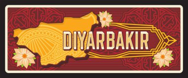 Diyarbakır 2. Türkiye 'de vintage seyahat plakası bulunuyor. Vektör turizm belgesi, turistik Türkiye simgesi tabelaları. Türkiye 'nin Kürt nüfusun çoğunlukta olduğu kenti, toprak haritası ve zambak çiçekleri
