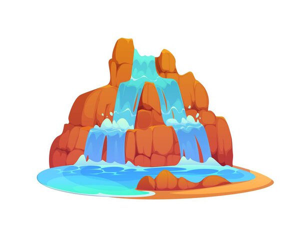 Cartoon waterfall, water cascade. Vector splashing streams and jets of blue water falling down from a brown cliff or canyon rock. Isolated flow cascading in natural environment or park