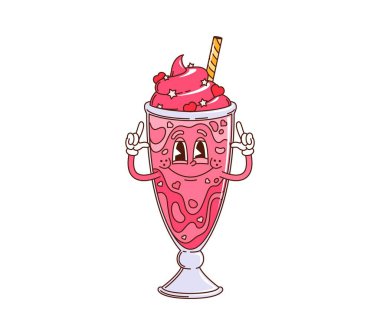 Gülen neşeli bir ifadeyle karikatürlü milkshake fincanı karakteri. Sevgililer Günü için tatlı bir aşk sembolü. İzole edilmiş vektör pembe milkshake kişiliği, krem şanti, yıldızlar ve kalplerle süslenmiş.