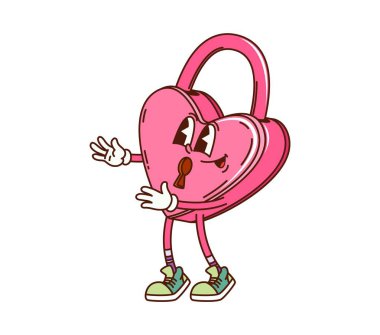 Karikatür, sevgililer günü kalp kilidi karakteri. Sevimli kalp şeklinde pembe asma kilit gülümsüyor ve kollarını uzatıyor. Aşk, güvenlik ve mutluluğun yer aldığı vektör bayramı retro y2k kişiliği