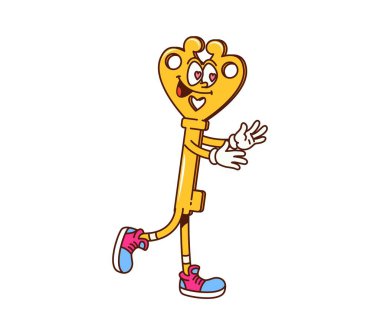 Çizgi film süper sevgililer günü karakteri. Tapılası altın iskelet anahtar vektör bayram retro kişiliği gülümsüyor, koşuyor, ellerini uzatıyor tatilde sevgi, güvenlik ve mutluluk sunuyor.