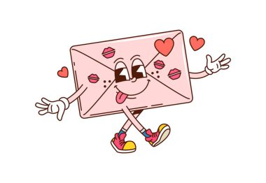Karikatür eski moda sevgililer günü, öpücüklü ve kalpli zarf karakteri. İzole edilmiş vektör vintage posta veya mektup kişiliği neşe ve şefkat, romantik sembol veya aşk mesajı deneyimleyin