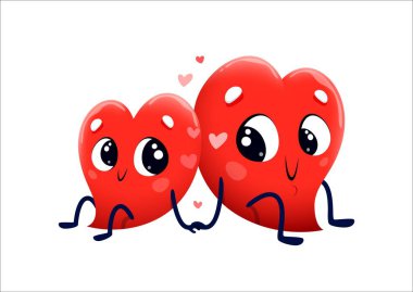 Romantizm içinde bir çift kalp karakteri, vektör emoji ifadeleri. Neşeli kalp karakterleri el ele tutuşup sırt sırta otururlar. Sevgililer Günü için romantik bir randevuda.