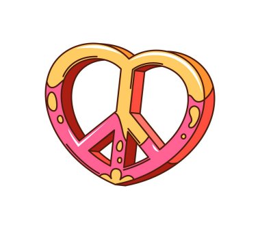 Çizgi film, sevgililer günü hippi barış işareti, aşk sembolü. İzole vektör retro kalp rozeti ve psikedelik renkler nostaljik 60 'lar ve 70' ler titreşimleri yayıyor. Aşkın, barışın ve romantik titreşimlerin sembolü.