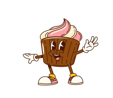 Pembe ve beyaz kıvrımlı pasta karakteri. İzole edilmiş vektör, sevimli kek tatlı retro kişiliği, dost canlısı gülümsemesi, spor ayakkabıları giymesi neşe saçmaya ve kutlamaya hazır.