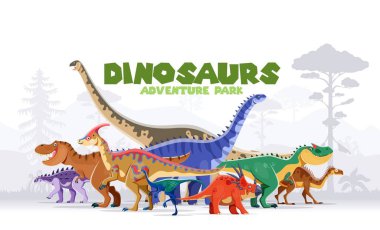 Adventure park banner with prehistoric dinosaurs in jungle forest. Funny jurassic dino animals and extinct reptiles vector personages. Cartoon tyrannosaurus rex, allosaurus, styracosaurus characters clipart