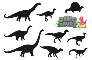 Tarih öncesi dinozor siluetleri vektörü ayarlandı. Siyah dinazor türleri gölge şekiller alır ve dinozorların tipografisi ile birlikte yakınlardaki bir kum taşından yumurtadan çıkan bebek dinozor yumurtaları. Jurasik sürüngen hayvan simgeleri