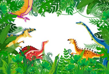 Orman çerçevesindeki komik tarih öncesi dinozor çizgi filmi. Canlı karikatür dino karakterleri ve gür tropikal yapraklar, palmiye yaprakları ve boş bir alan etrafında eğreltiotu ile vektör dikdörtgen sınır