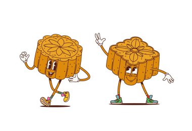 Eski moda çizgi film Japon ay çöreği karakterleri, vektör funky tatlı pasta. Komik ay çörekleri ya da mutlu yüzlü ve komik gülüşlü Japon ve Çin tatlıları karakterleri.