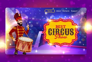 Sirk iniş sayfası vektör şablonu karikatür karnaval davulcusu karakter davulla arenada performans sergiliyor. Sirk karnavalı, lunapark, lunapark, pano ışıklı iniş sayfası