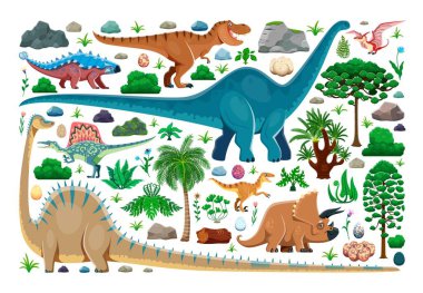 Tarih öncesi dinozor karakterleri ve bitki örtüsü vektör kümesi. Jura dönemi çevresel elementler, dinozor türleri, yumurtalar ve bitki örtüsü. Ağaçlar, kayalar, çalılar ve eğrelti otları Antik Dünya 'daki yaşam dönemlerine ait