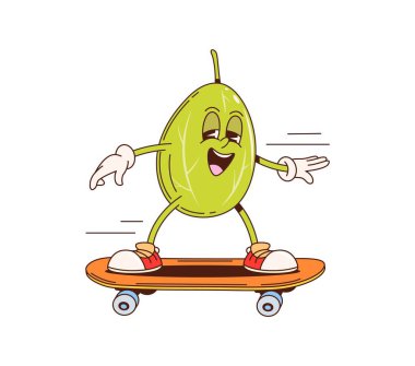 Retro groovy bektaşi üzümü karakteri kaykaya biniyor. İzole edilmiş karikatür vektör böğürtlen komedyeni yaz tatilinin ve açık hava aktivitelerinin tadını çıkarıyor. Olumlu duyguları olan sevimli ve komik meyveler.