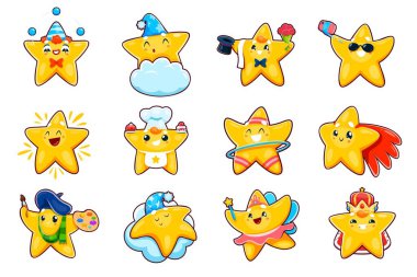 Şirin kawaii yıldız karakterleri, çizgi film küçük parıltı ve süper star vektör kişilikleri. Komik palyaço, süper kahraman, kraliçe, peri ve sanatçı karakterler uyuyor, selfie çekiyor ve spor yapıyor.