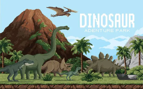 8 bit piksel sanat tarihi öncesi dinozorlar macera parkı. Doğada dağları, ağaçları ve bulutlu gökyüzü olan dinozor türlerini içeren nostaljik video oyun sahnesi. Oyun arkaplanı