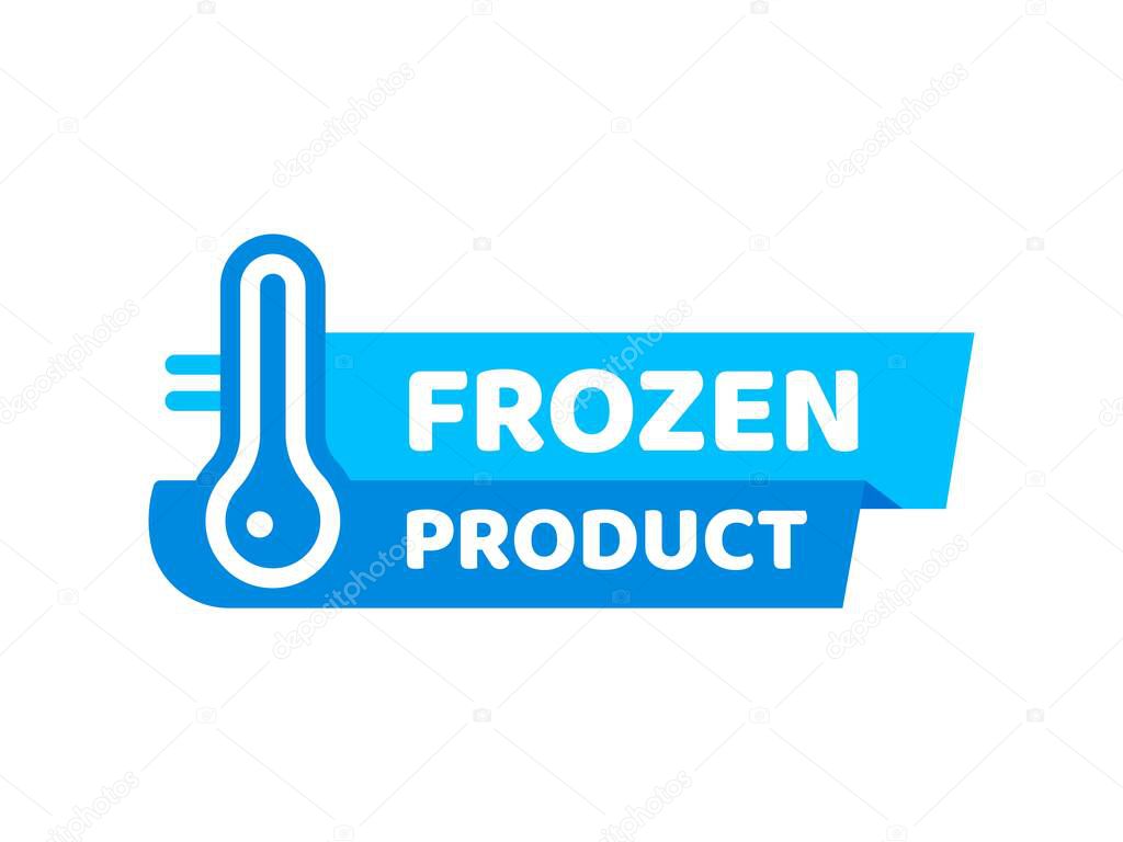 Blue frozen cold product icon, ice crystal label and badge. Isolated vector emblem or sticker for frozen food, features thermometer symbol for packages or frosty cold preservation items