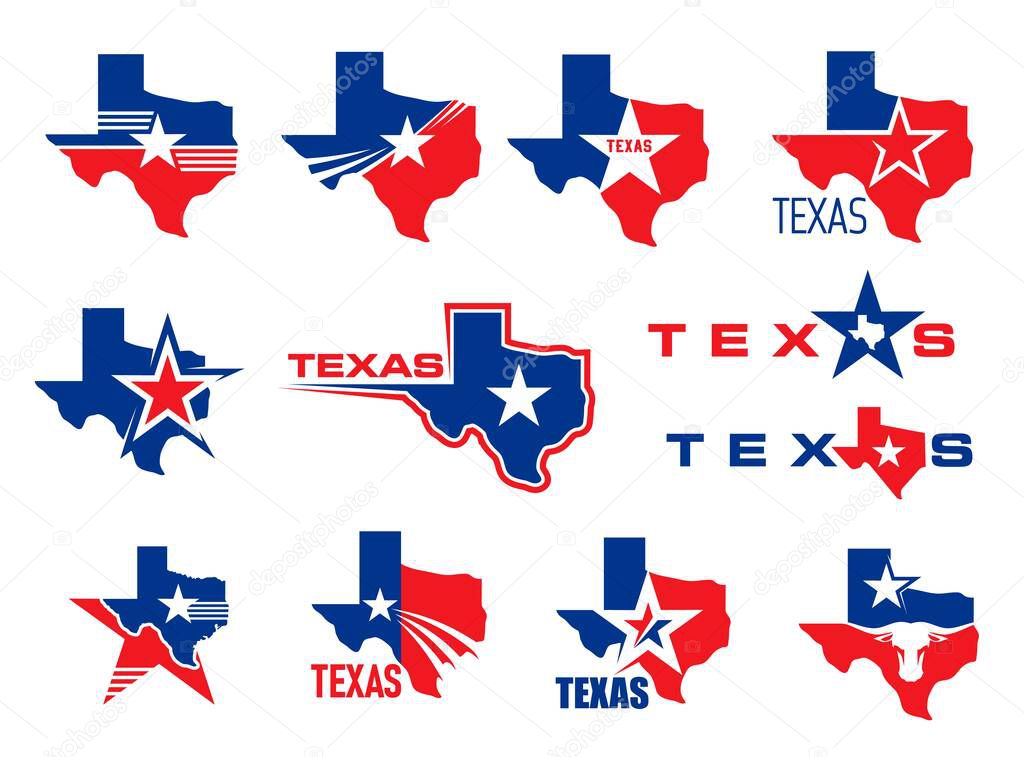 Texas state map icons with vector flag stars, blue, red and white stripes, lines and bull head. Silhouettes of Texas map, South Central region of USA country emblems, the lone star state prints